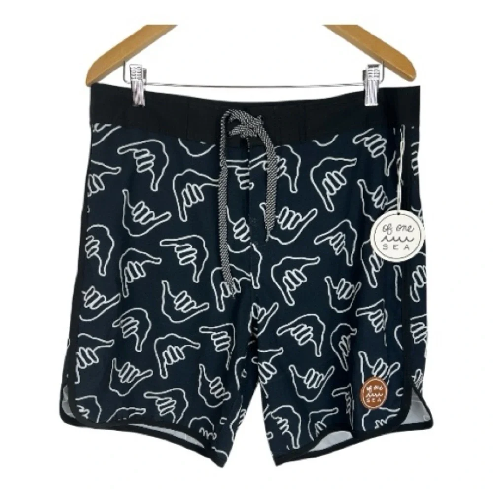 Of One Sea Sz 34 Boardshorts Retro Shaka Black Stretch NWT